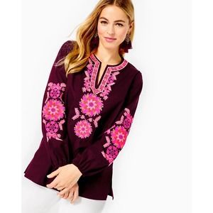 Lilly Pulitzer Coretta Tunic in Cherry Ganache‎ Cotton Embroidered Top Size XXS